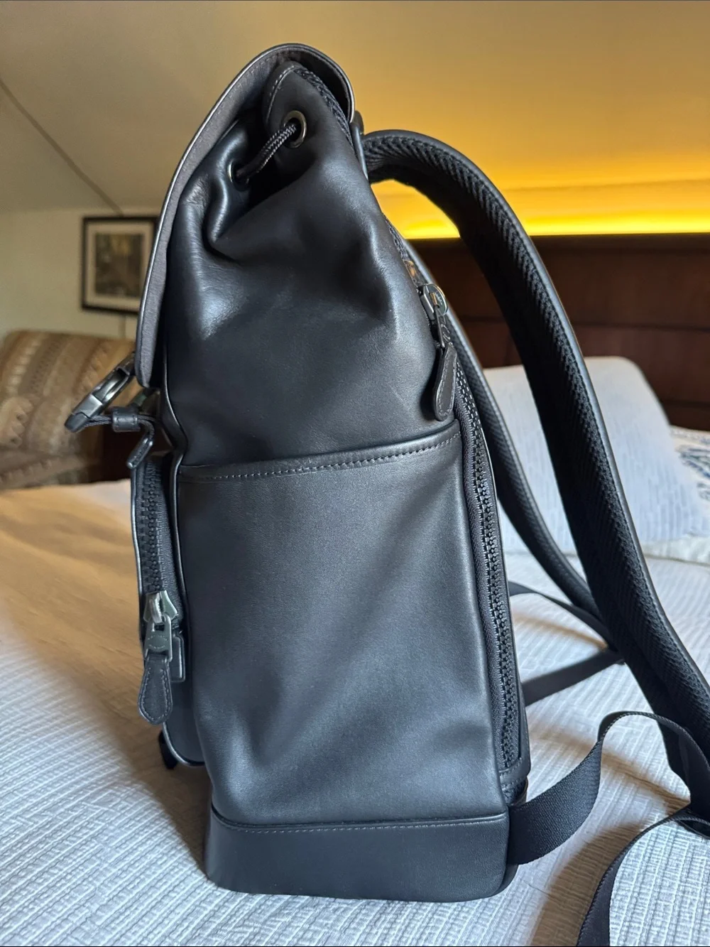 Coach Black Leather Men's Backpack with Front Zip Pocket